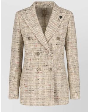 Lardini Longline Tweed Blazer Button Detailing Lapels - Natural