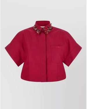 Fendi Cropped Shirt Embroidery Collar Short Sleeves - Red