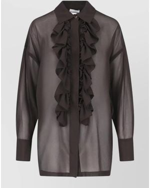 P.A.R.O.S.H. Shirt Collar Sheer Top Long Sleeves Ruffled Front - Gray