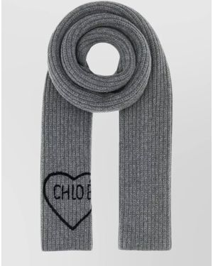 Chloé Wool Scarf Encoeur Heart Embroidery Ribbed - Grey