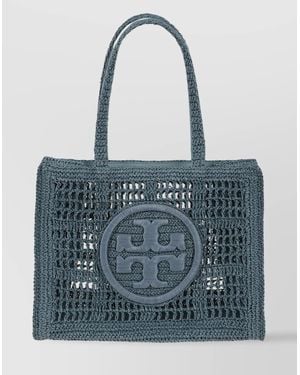 Tory Burch Hand-Crocheted Raffia Tote Faux Leather Finish - Blue