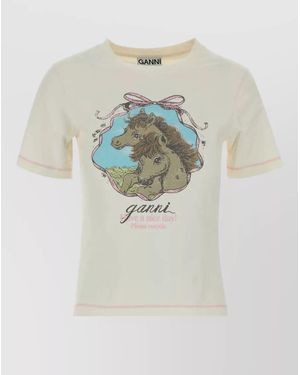 Ganni Stretch Cotton T Shirt Graphic Crew Neck - Multicolour