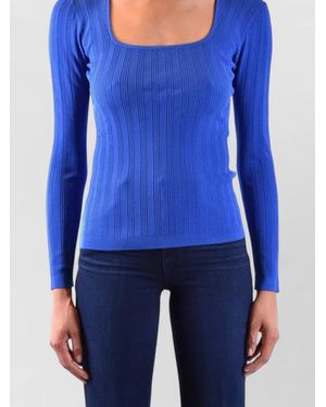 Diane von Furstenberg Long Sleeve Rib Knit Square Neck Top - Blue