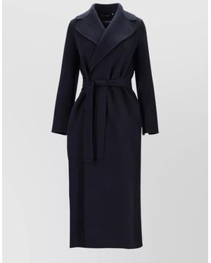 Max Mara Long Coat Belted Waist Notched Lapels Pockets - Blue
