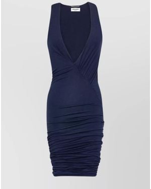 Saint Laurent Ruched Sleeveless V-Neck Mini Dress - Blue