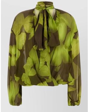 Blumarine Georgette Blouse Bow Detail Floral Sheer - Green