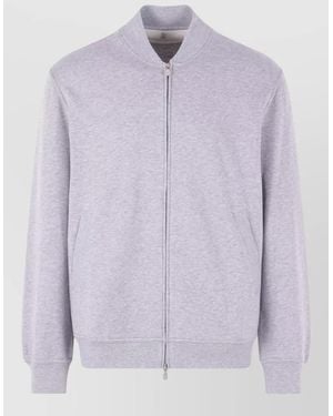 Brunello Cucinelli Cotton Zip Jacket Ribbed Collar Hem Cuffs - Purple