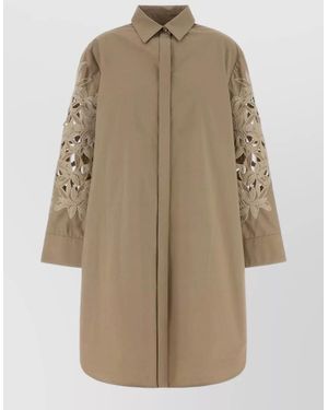 Agnona Poplin Shirt Dress Collared Floral Sleeves Longline - Natural
