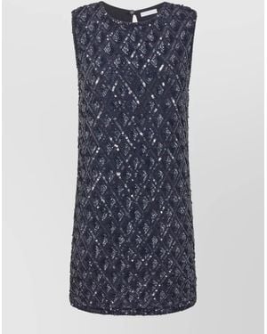 P.A.R.O.S.H. Dress Embroidered Sequins Sleeveless Textured Round Neck - Blue