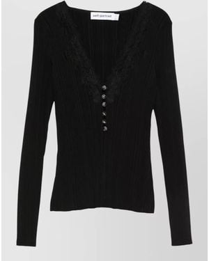 Self-Portrait Knit Sweater V Neck Lace Trim Ribbed - Black