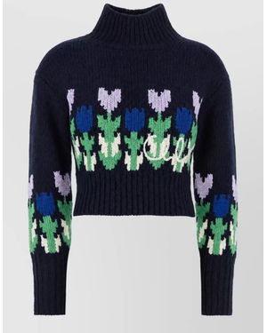 Chloé Wool Ribbed Turtleneck Cropped Sweater - Blue