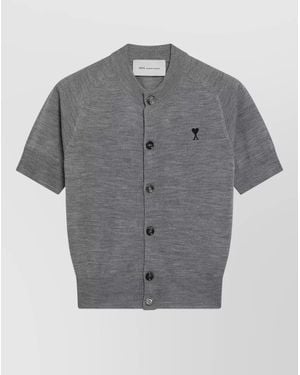 Ami Paris Short Sleeve Knit Top Ribbed Hem - Gray