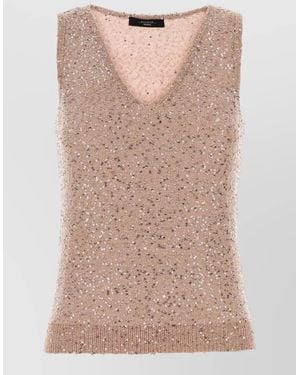 Weekend by Maxmara Sleeveless V-Neck Vest Featuring Sequin Embellishments - Natural