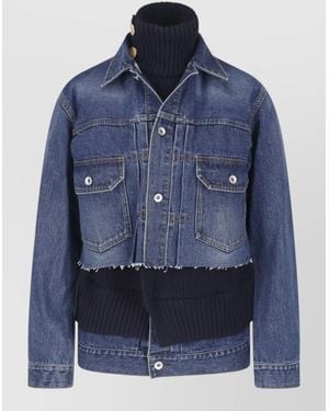 Sacai Denim Cropped Jacket Contrast Knit Layered - Blue