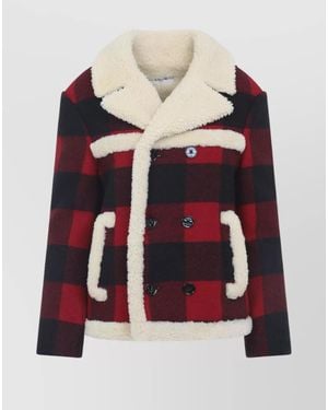 Celine Wool Check Double-Breasted Shearling Jacket - Red