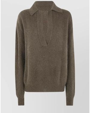 Uma Wang Raccoon Fur Ribbed V-Neck Long-Sleeve Jumper - Green