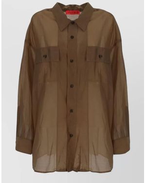 Thelatest Long Sleeve Shirt Button Cuffs Sheer - Brown