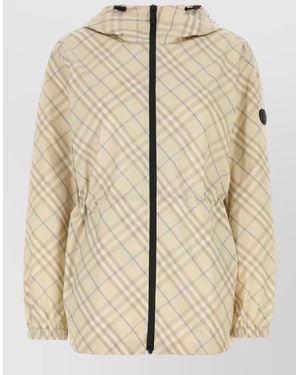 Burberry Printed Hooded Polyester Coat Drawstring Waist - Natural