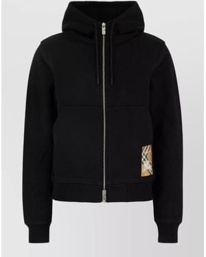 Burberry Cotton Hooded Sweatshirt Ribbed Cuffs Hem - Black