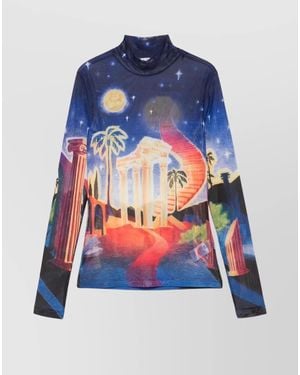 CASABLANCA Printed High-Neck Long-Sleeve Top - Blue