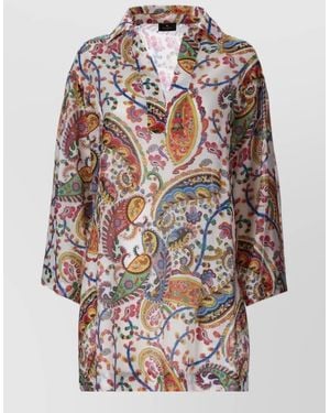 Etro Silk Paisley-Print V-Neck Knee-Length Dress - Grey