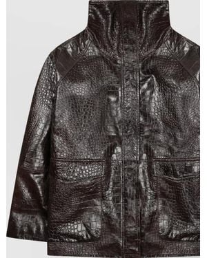 Alysi Crocodile-Effect Leather Coat - Black