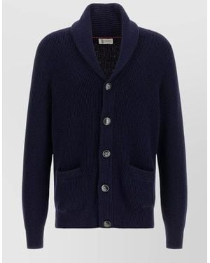 Brunello Cucinelli Shawl Neck Cotton Knit Cardigan - Blue