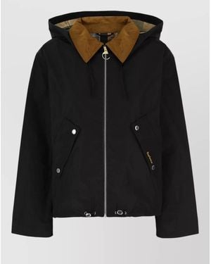 Barbour Hooded Polyester Jacket Contrast Collar Pockets - Black