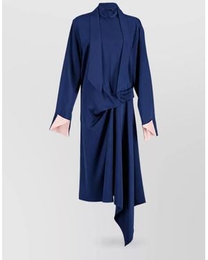 Stella McCartney Satin Draped High Neck Long Sleeve Asymmetric Midi Dress - Blue