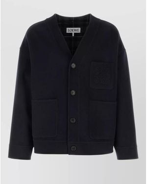 Loewe Wool Blend Cardigan Patch Pockets Ribbed Cuffs - Blue