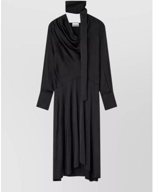 Ganni Midi Dress Scarf Detail Draped Neckline - Black