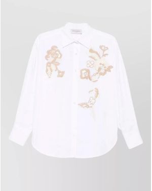 ERMANNO FIRENZE Floral Embroidery Shirt Relaxed Fit Curved Hem - White