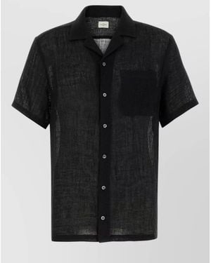 LeKasha Linen Shirt Short Sleeves Chest Pocket Collar - Black