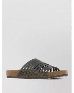 Brunello Cucinelli Embellished Leather Slides - Gray