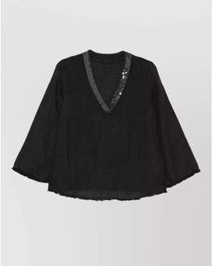 120% Lino Blouse V Neckline Frayed Hem Sequins Sleeves - Black
