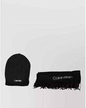 Calvin Klein Acrylic Beanie And Fringed Scarf Set - White