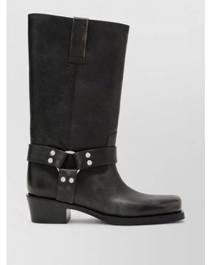 Paris Texas Mid Calf Boots Block Heel Square Toe - Black