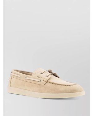 Prada Boat Shoes Metal Eyelets Round Toe Design - Natural