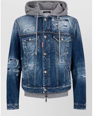 DSquared² Distressed Denim Jacket With Hood And Ribbed Cuffs - Blue
