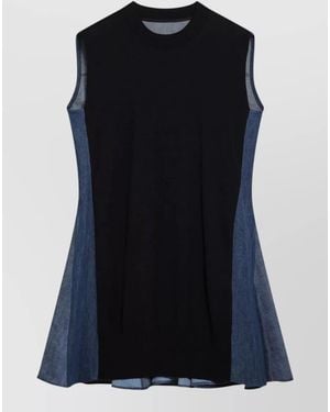 Sacai Dress Contrast Panels Pleated Skirt Ribbed Neckline - Black