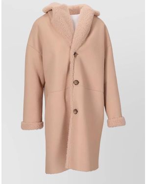LA ROSE Short Shearling Coat Folded Cuffs Oversized Collar - Natural