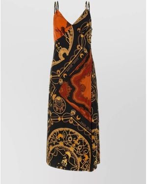 Marine Serre Silk Graphic Print Patchwork Sleeveless V-Neck Asymmetric Hem Midi Dress - Brown