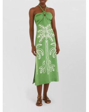 FARM Rio Linen Embroidered Halterneck Midi Dress - Green