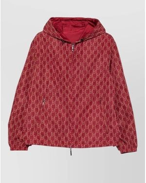 Emporio Armani Nylon Hooded Bomber Jacket Drawstring Hem - Red