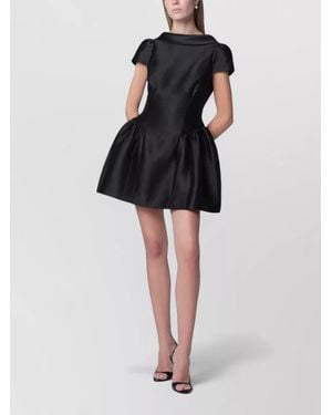Self-Portrait Pleated Skirt Dress Puff Sleeves V Back - Black