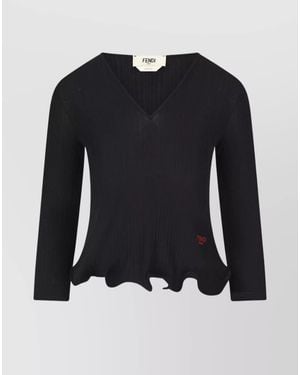 Fendi Virgin Wool Ribbed V-Neck Long-Sleeve Top - Blue