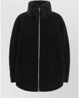 Herno Wool Ribbed Cable Knit High Neck Cardigan - Black