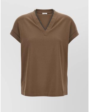 Brunello Cucinelli Rolled Cuffs V-Neck Short Sleeve Top - Brown