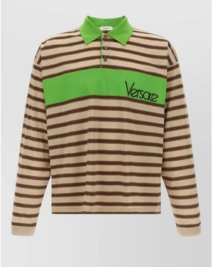 Versace Long Sleeve Striped Polo Knit Shirt - Green