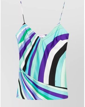 Emilio Pucci Silk Sleeveless Top Lightweight V-Neck - Blue